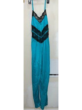 Turquoise Black Lace Satin Jumpsuit Tie Waist Vintage Loungewear Elegant 1980’s